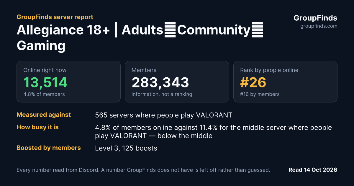 Allegiance 18+ | Adults・Community・Gaming's GroupFinds server report