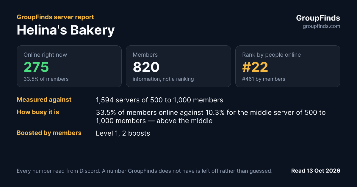 Helina's Bakery's GroupFinds server report