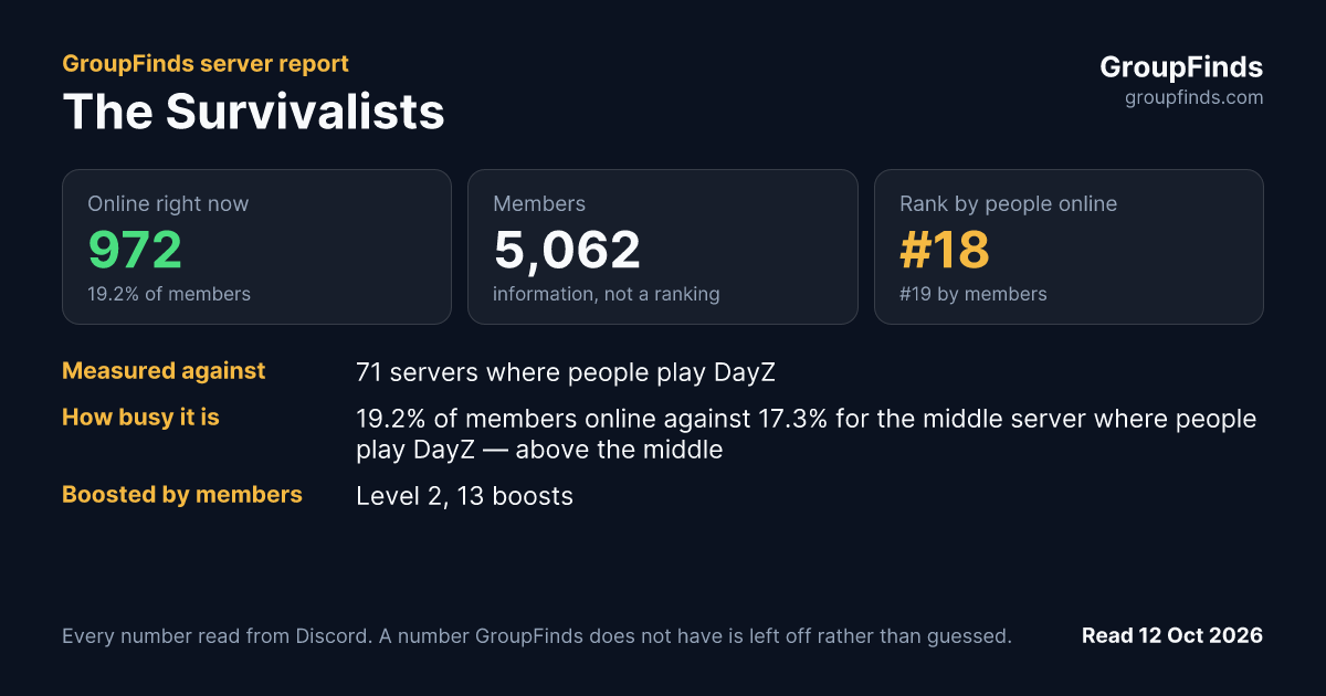 The Survivalists's GroupFinds server report